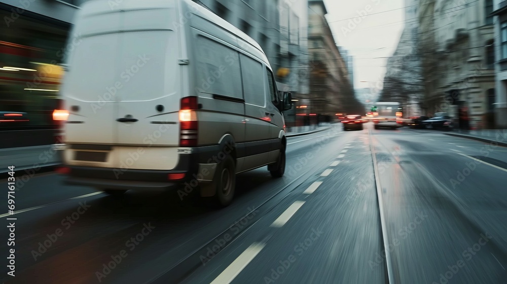 A white van is moving fast on a city road. White delivery and logistics machine