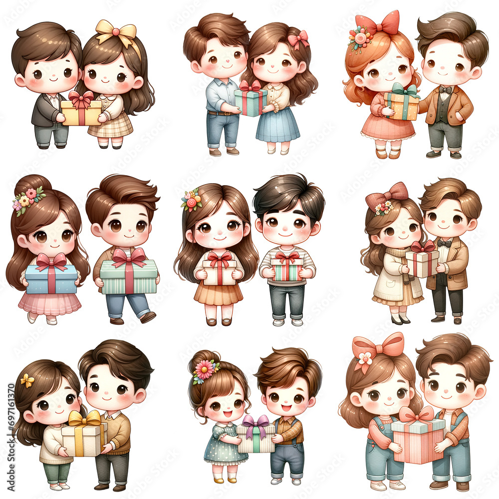 sticker clipart collection cute couples hiding heart-shaped gift box cartoon in valentine’s day, generative ai sticker clipart collection cute couples hiding heart-shaped gift box cartoon in valentine’s day, generative ai