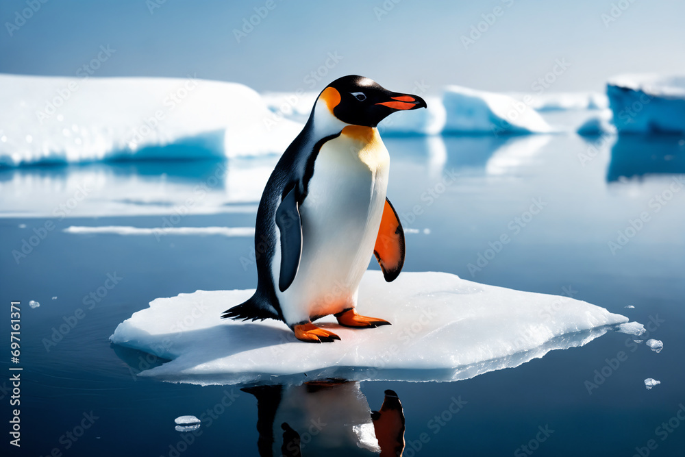 Obraz premium A penguin surrounded by melting glaciers, climate change concept