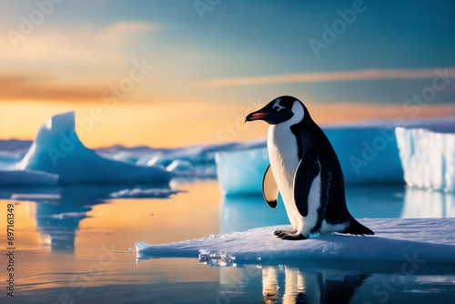 A penguin surrounded by melting glaciers  climate change concept