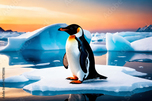 A penguin surrounded by melting glaciers  climate change concept