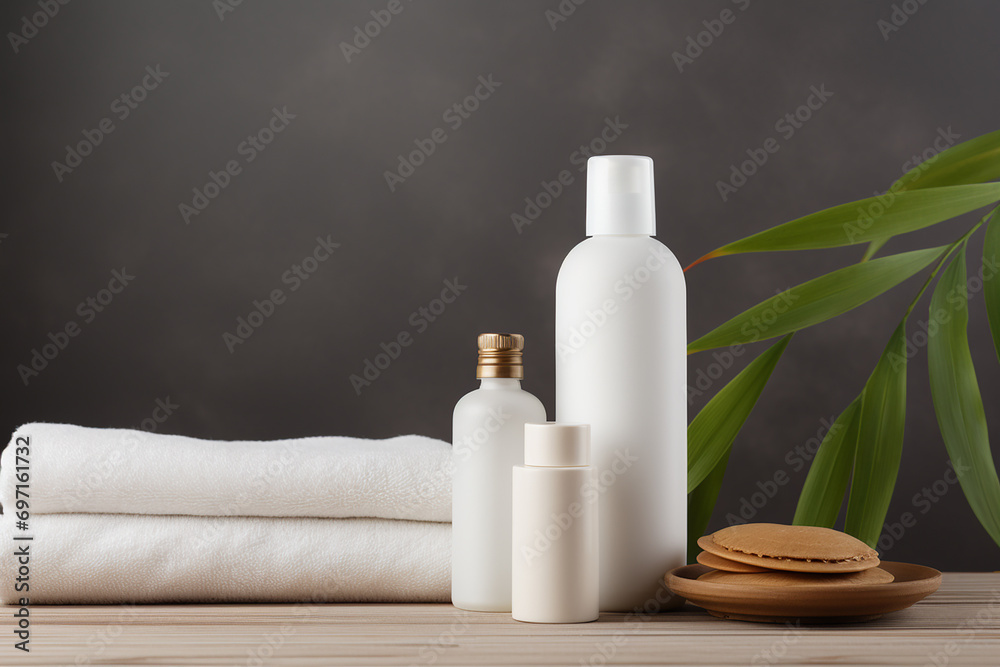 Beautiful spa and cosmetics products composition on wooden table Natural cosmetic products presentation Beauty, wellness, body care spa concept.