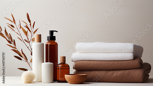 Beautiful spa and cosmetics products composition on wooden table Natural cosmetic products presentation Beauty, wellness, body care spa concept.