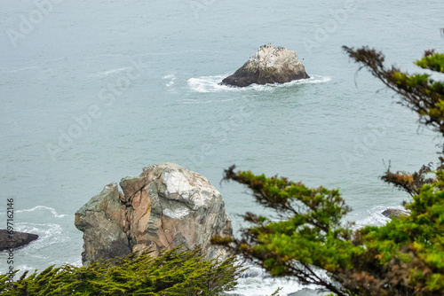 Rocky shore along the ocean coast in San Francisco, beautiful Californian nature landscape