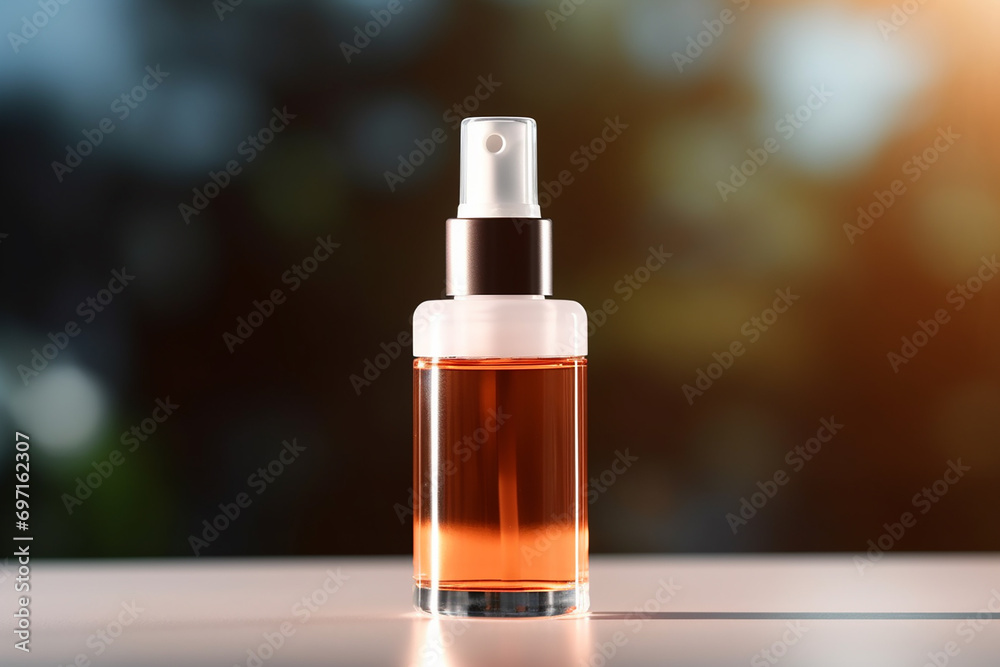 Amber glass cosmetic dropper bottle with black lid on a natural blurred background . Skincare products , natural cosmetic. Beauty wellbeing product for face and body care