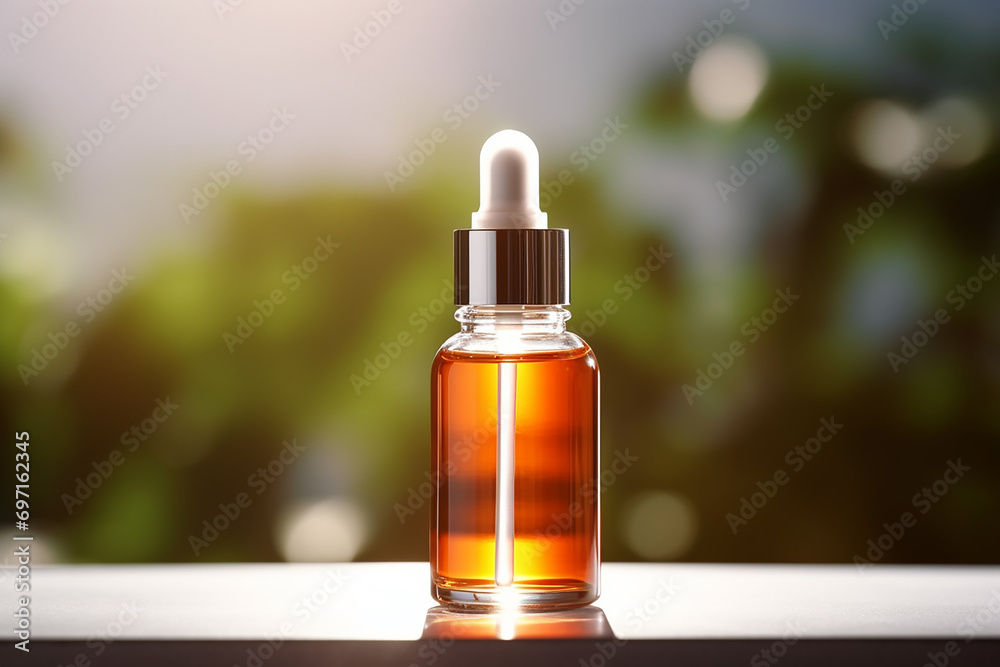 Amber glass cosmetic dropper bottle with black lid on a natural blurred background . Skincare products , natural cosmetic. Beauty wellbeing product for face and body care Amber glass cosmetic dropper bottle with black lid on a natural blurred background . Skincare products , natural cosmetic. Beauty wellbeing product for face and body care