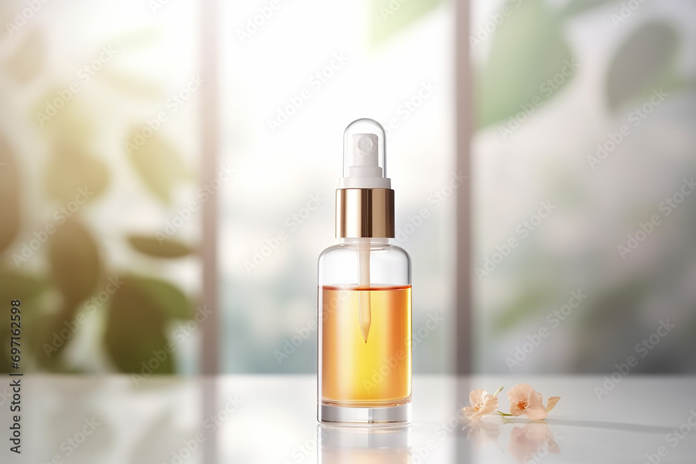 Amber glass cosmetic dropper bottle with lid on a natural blurred background . Skincare products , natural cosmetic. Beauty wellbeing product for face and body care Amber glass cosmetic dropper bottle with lid on a natural blurred background . Skincare products , natural cosmetic. Beauty wellbeing product for face and body care