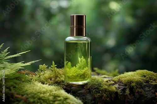 essential oil bottle mock up template, podium and celandine flowers backdrop for Natural cosmetic products presentation Beauty, wellness, body care spa concept. photo