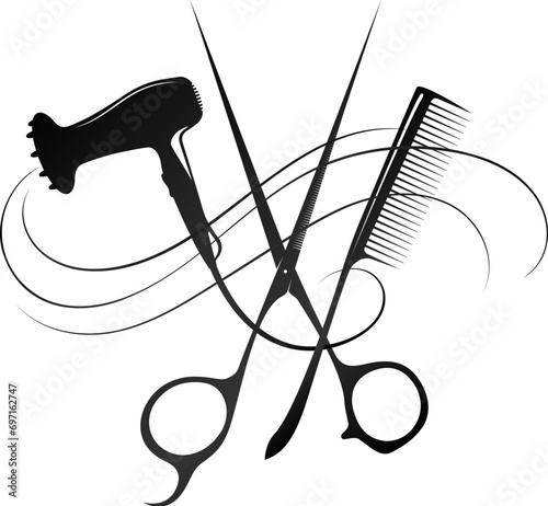 Scissors comb hair dryer and beautiful curl of hair symbol