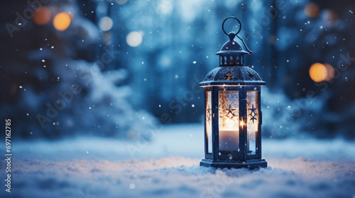 Christmas Lantern in snow with winter forest. Winter
