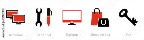 A set of 5 Mix icons as television, hand tool, desktop