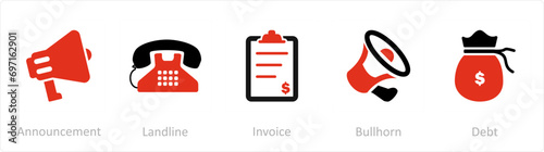A set of 5 Mix icons as announcement, landline, invoice