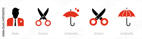A set of 5 Mix icons as male, scissor, umbrella