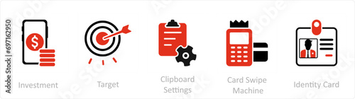 A set of 5 Mix icons as investment, target, clipboard settings