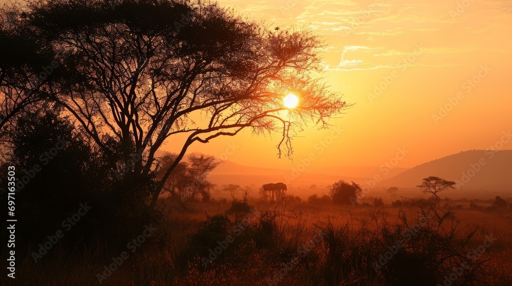 Sunrise in Kenya. Sky is a bright palette of warm shades. Breathtaking picturesque scenery on the Kenyan landscape