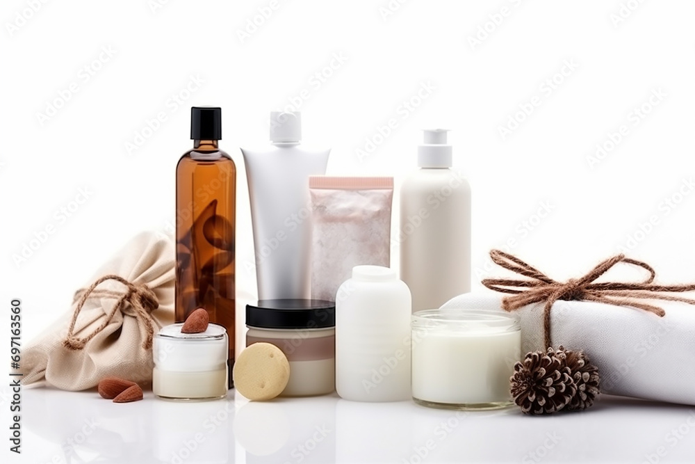 Composition with containers of body care and beauty products. Eco cosmetics.