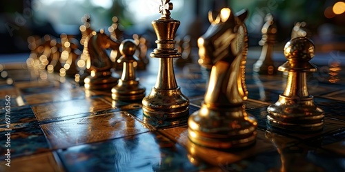 Gold Chess Pieces on Chessboard - Elegant Representation of Strategic Prowess 