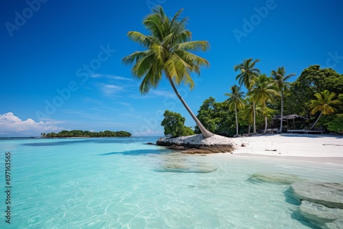 Tranquil Beach View. Majestic Palm Trees on a Shimmering Blue Sea | Perfect for Travel Themes