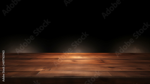 Close up of top Wooden table in dark wall background photo