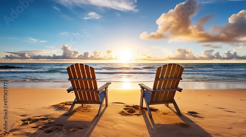 Two deck chairs for sunbathing on the beach  view at sunset. beautiful colorful sunset