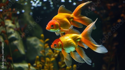 Goldfish gracefully swim in unison in an aquarium