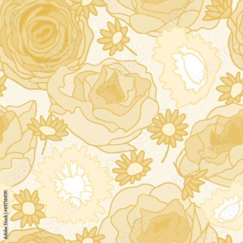 Seamless pattern of monochromatic yellow flowers, large scale romantic illustration.