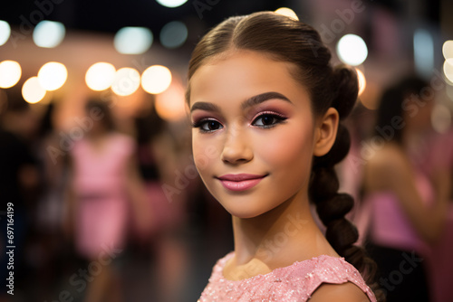 Portrait of young teen child girl contestant with makeup at beauty pageant