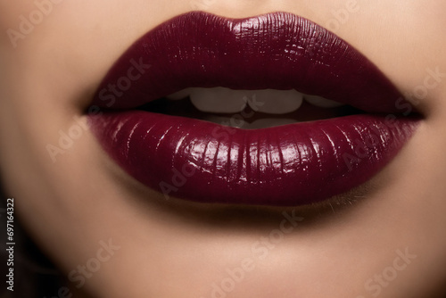 Close-up of beautiful lips with bordeaux lipstick