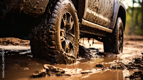 Close up view of car tires conquering the muddy