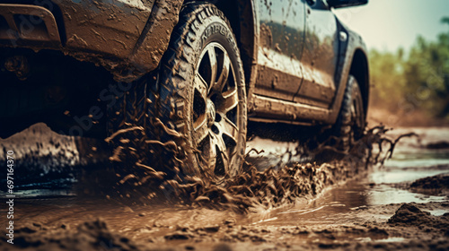 Close up view of car tires conquering the muddy