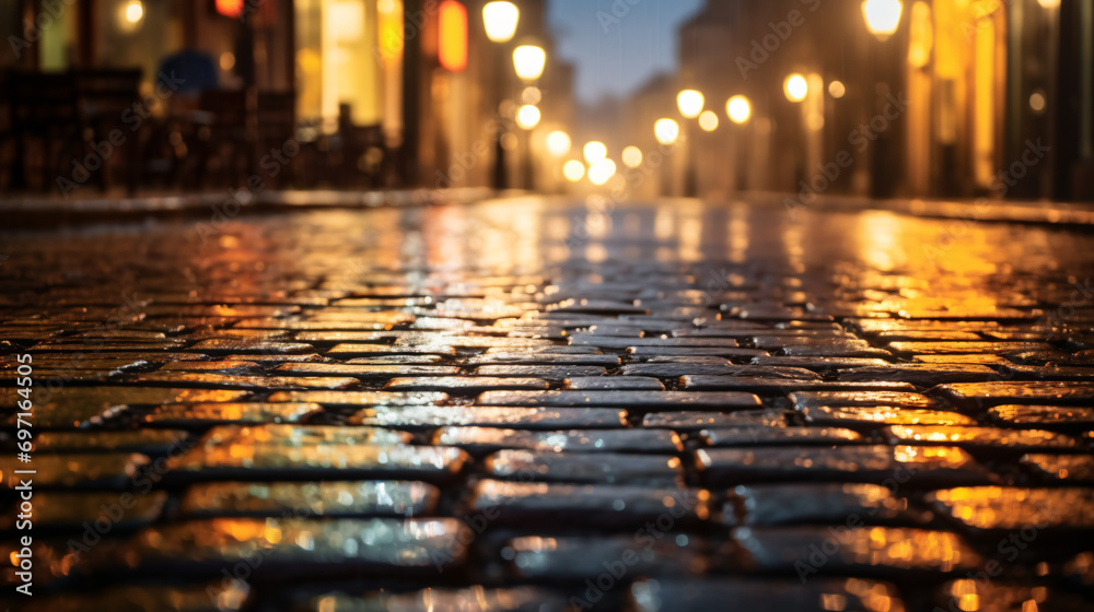 Close up view of wet cobblestone streets sparkling - obrazy, fototapety, plakaty 