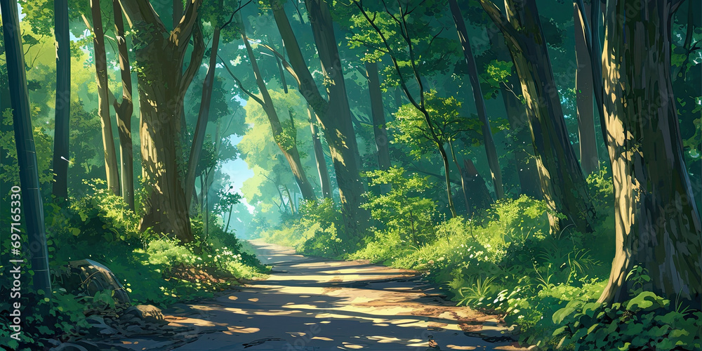 Obraz premium anime cartoon style woodland forest background banner, generated ai