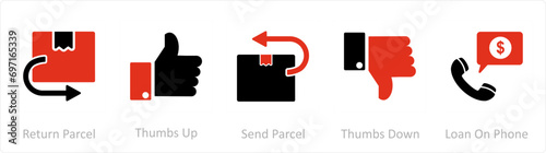 A set of 5 Business icons as return parcel, thumbs up, send parcel