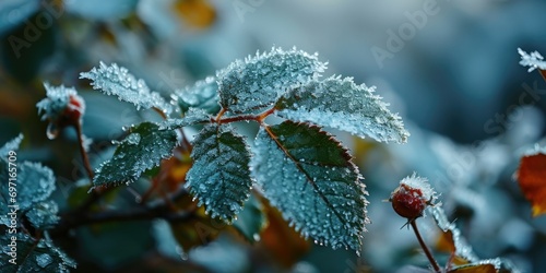 Exquisite Beauty of Frost-Covered Green Rose Hip Leaves - Winter's Crystalline Wonderland