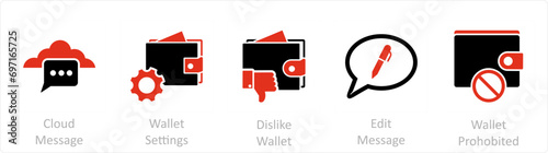 A set of 5 Business icons as cloud message, wallet settings, dislike wallet