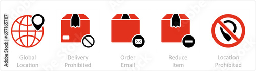 A set of 5 Business icons as global location, delivery prohibited, order email