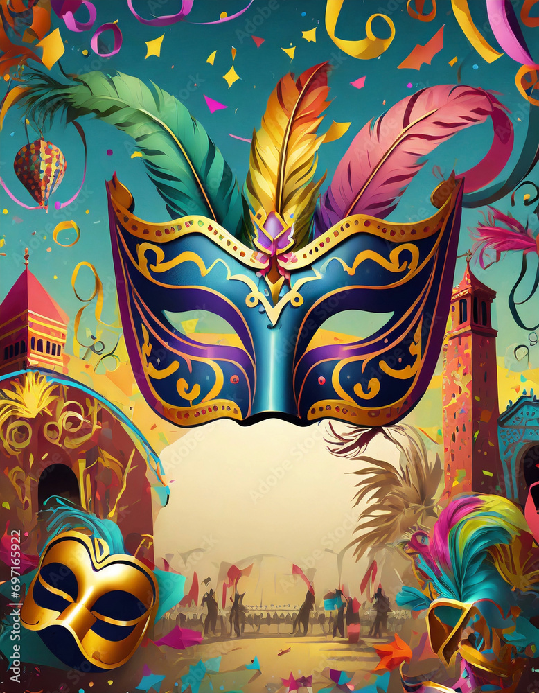 Obraz premium ilustración vertical con motivos de carnaval, mascaras, cerpentinas, y con espacio para introducir texto
