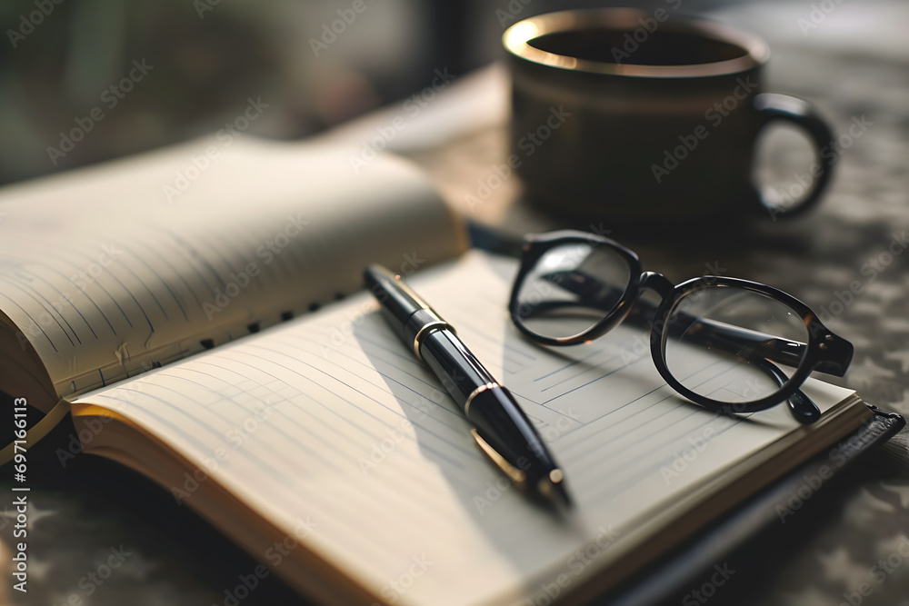 A minimalist desk setup with a notepad, pen, and a pair of glasses, indicating preparation for a job interview A minimalist desk setup with a notepad, pen, and a pair of glasses, indicating preparation for a job interview