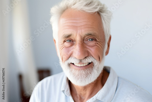Portrait of happy retired senior man standing at home near window. Satisfied old man looking at camera and smiling while standing. Positive and confident elderly enjoy his retirement.