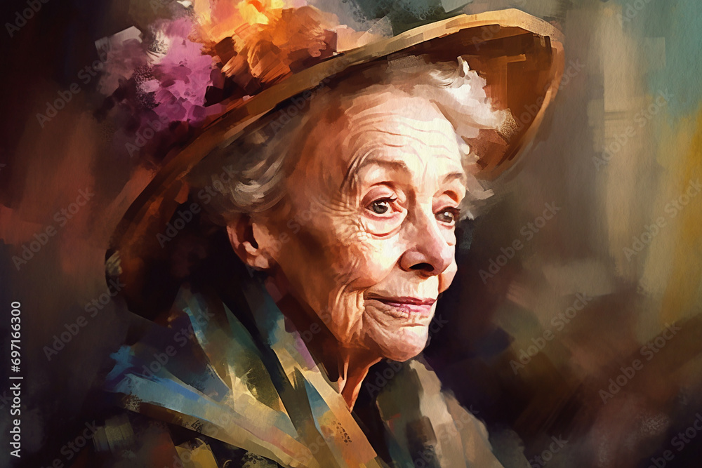 Elderly woman in hat, aristocrat, portrait painted in watercolor on textured paper. Digital Watercolor Painting