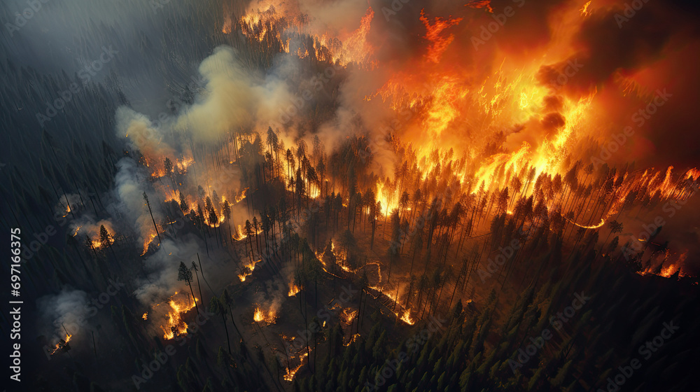 Naklejka premium Aerial view Real Forest fire disaster wildfire nature destruction