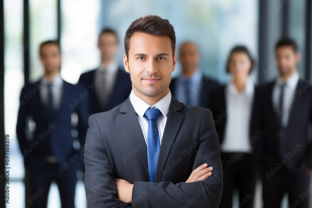Businessman leader in modern office with businesspeople working Businessman leader in modern office with businesspeople working
