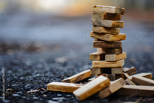 A minimalist image of a Jenga tower with some blocks removed, symbolizing the delicate balance and potential collapse in business