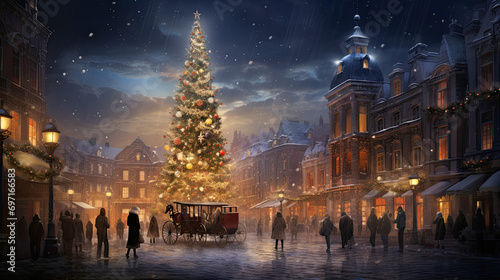 christmas tree in a town scene with many people