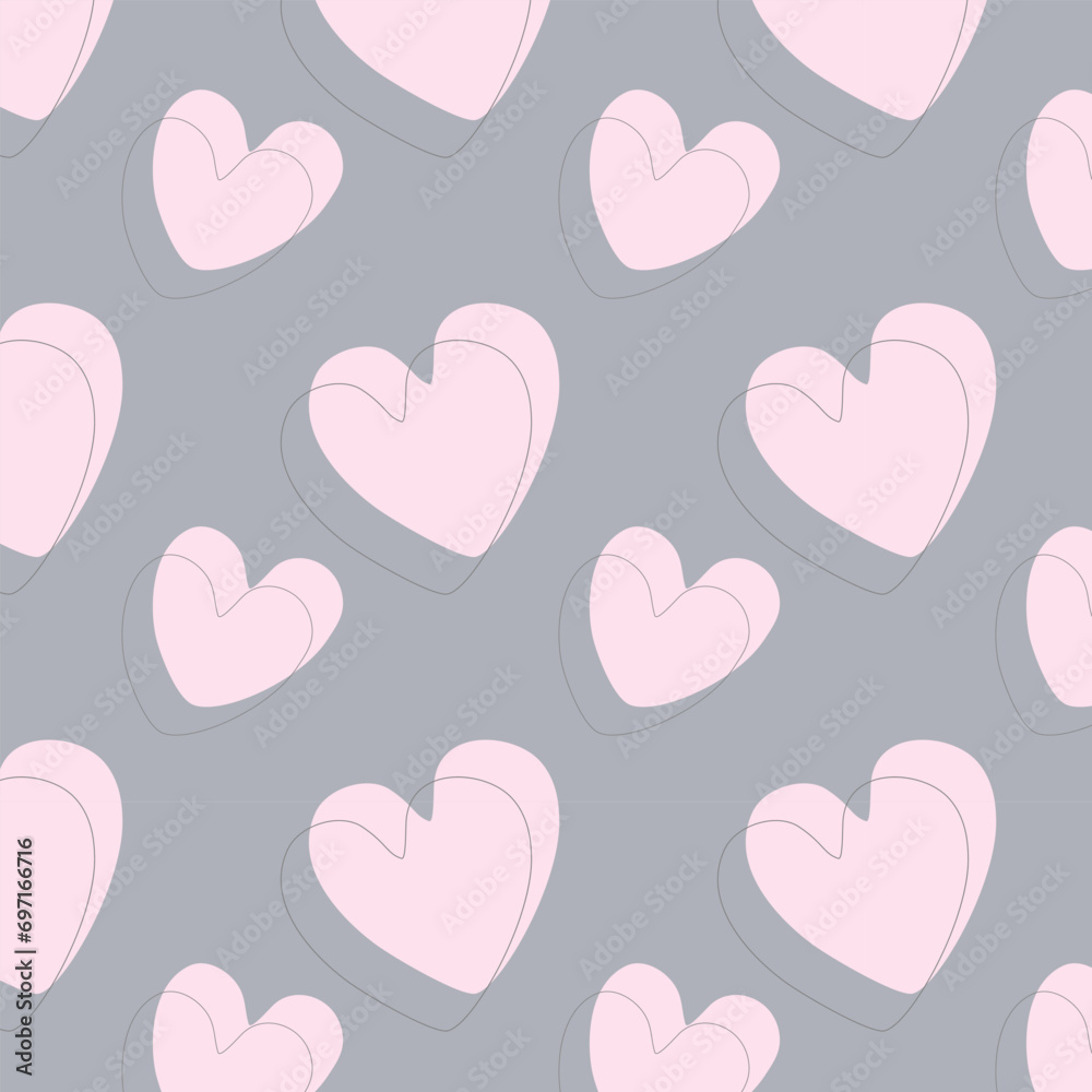 Love hearts pink seamless gray background. Cute romantic hearts background. Valentines Day holiday background texture, romantic wedding design. Vector illustration