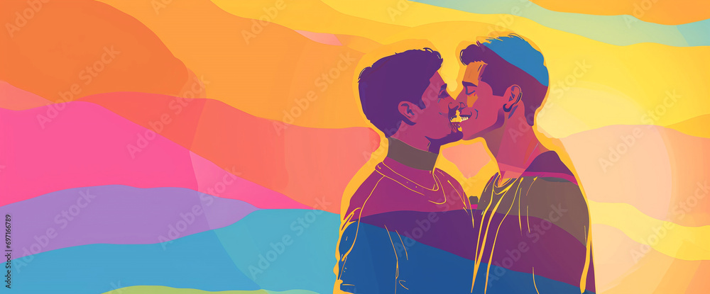 LGBTQ+ couple showing their love to each other on abstract vibrant color background 