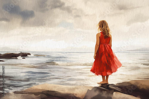 Girl in red dress looking out to sea, back view, painting painted in watercolor on textured paper. Digital watercolor painting photo