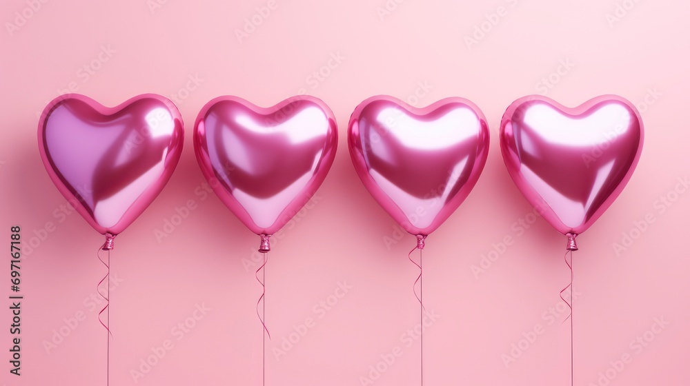 Flying glossy foil heart balloons, pink background. Generative AI