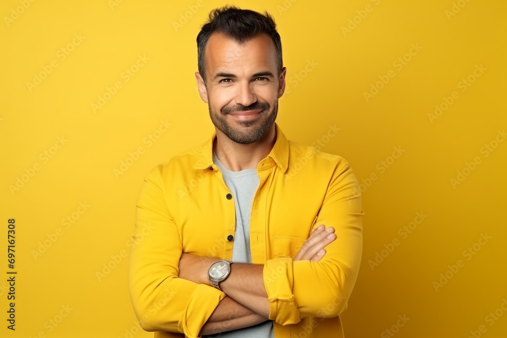 Happy handsome young man standing with arms crossed over yellow wall Happy handsome young man standing with arms crossed over yellow wall