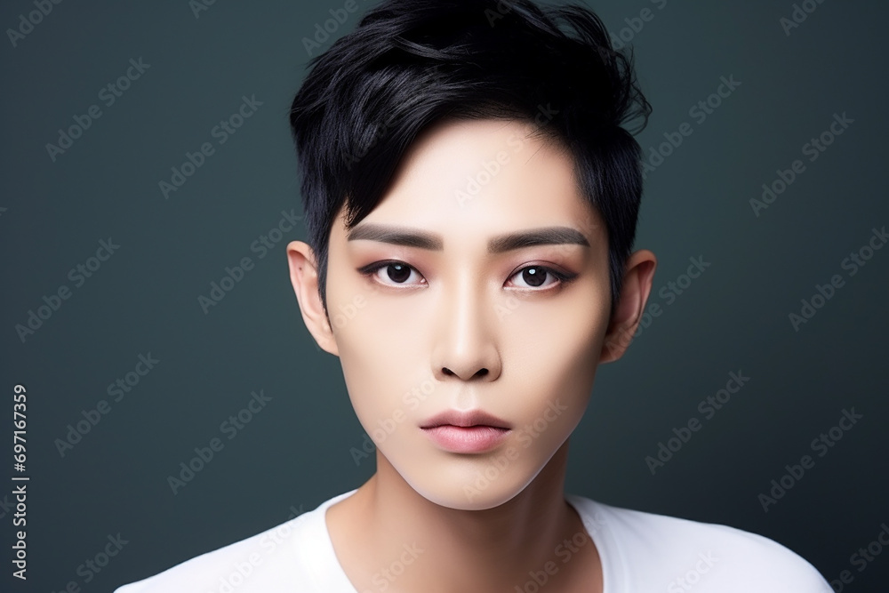 Young asian man Genderless makeup Men's cosmetics Beauty salon - obrazy, fototapety, plakaty 